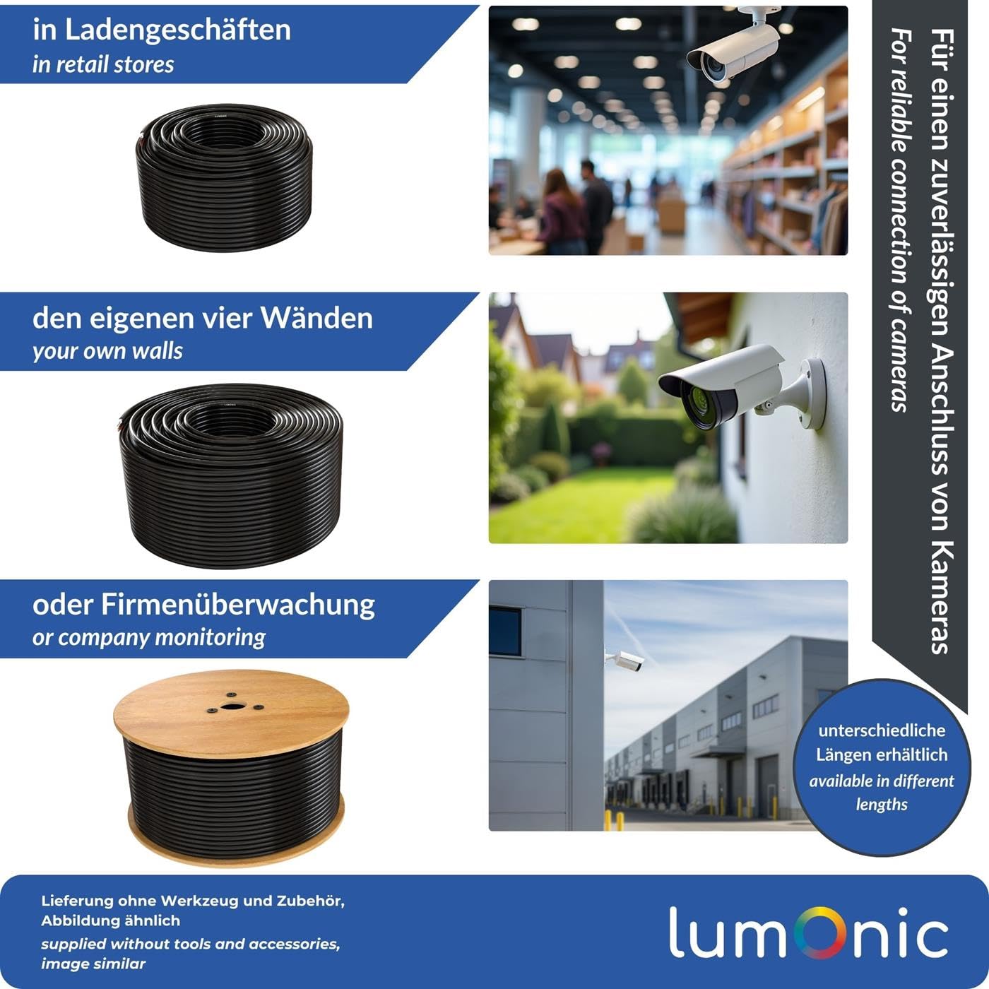 Lumonic RG59 RG59 Cable coaxial + La línea eléctrica 50m | Cable de vigilancia CCTV con alimentación | Cable combinado de 75 ohmios, Doble blindaje, 90dB Amortiguación, Video + Electricidad