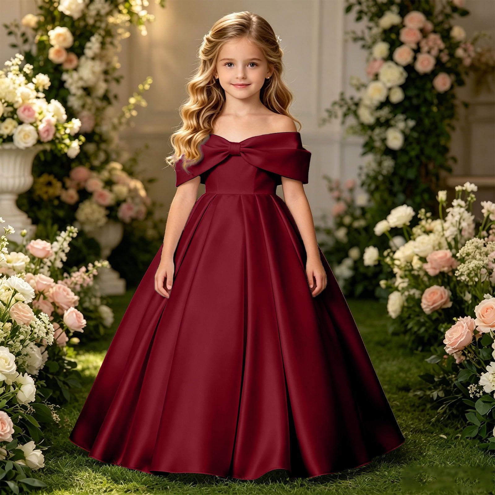 Vestido NiñA Elegantes, Vestido NiñA Ceremonia Lunares, Vestidos De Fiesta Largo hasta El Suelo Color Liso con Hombros Descubiertos Y Un Gran Lazo Mayores Dresses Summer Dress Dress Vestidos Verano
