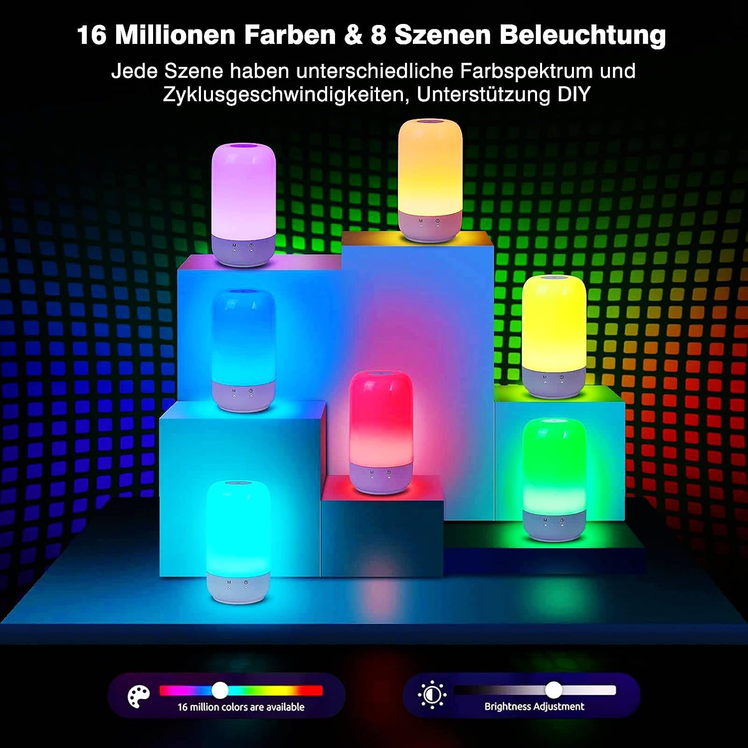 Multiple lamps displaying 16 million RGB colors and 8 scene illuminations