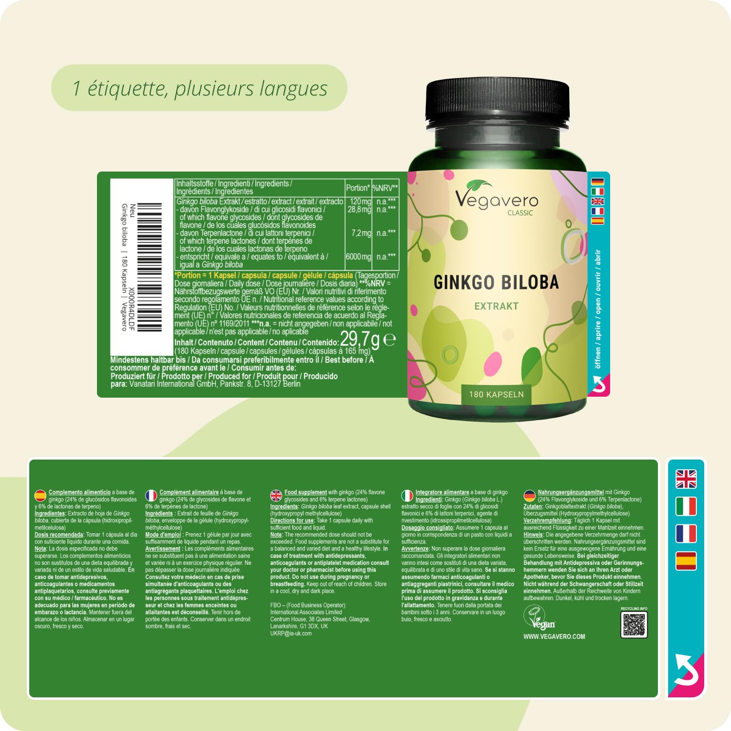 Ginkgo Biloba | Extra Fort : 6000mg | Mémoire + Circulation Sanguine | 180 Gélules | Unique : 24% Glycosides de Flavone + 6% Lactones Terpéniques | Vegan & Sans Additifs | Vegavero®