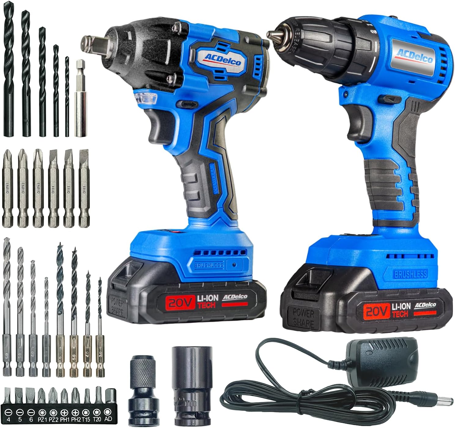 ACDelco Brushless Combo Kit, 251 Ft-lbs (350Nm) Impact Wrench & 400 In-lbs Drill, 1/2" & 3/8" Chuck, (2) 2.0Ah Batteries & Charger, 2600 RPM, 20V 2-Tool Power Kit, ARI20132-K1