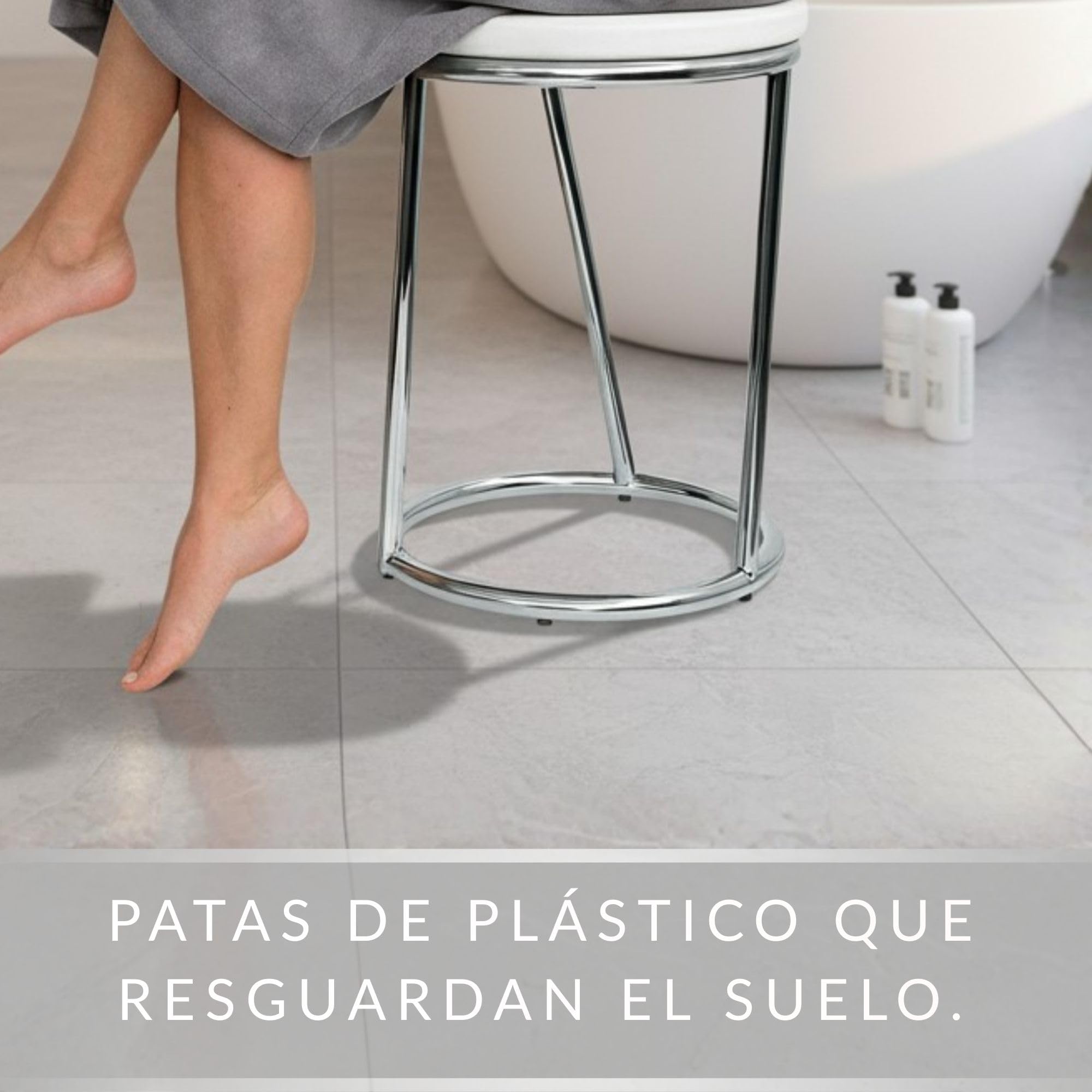 Taburete de Baño Salina – Taburete Redondo de Metal Cromado Brillante – Taburete Robusto con Asiento Blanco Diseño Bar – Taburete Multiusos Baño y Cocina