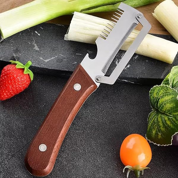 キッチン用多機能野菜皮むき器、木製ハンドルと栓抜き付きフルーツ皮むき器、ジャガイモ、果物、野菜を簡単に皮むきできるステンレス製多機能皮むき器 [並行輸入品] - 3