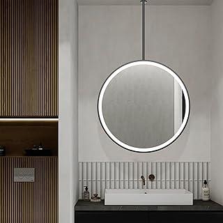 ラウンド吊り下げミラー ホテルバスルームミラー 寝室化粧台 メイクアップミラー 洗面台 天井取り付けミラー LEDタッチスクリーン スマート照明付きミラー(Diameter-70CM/27.6INCH)