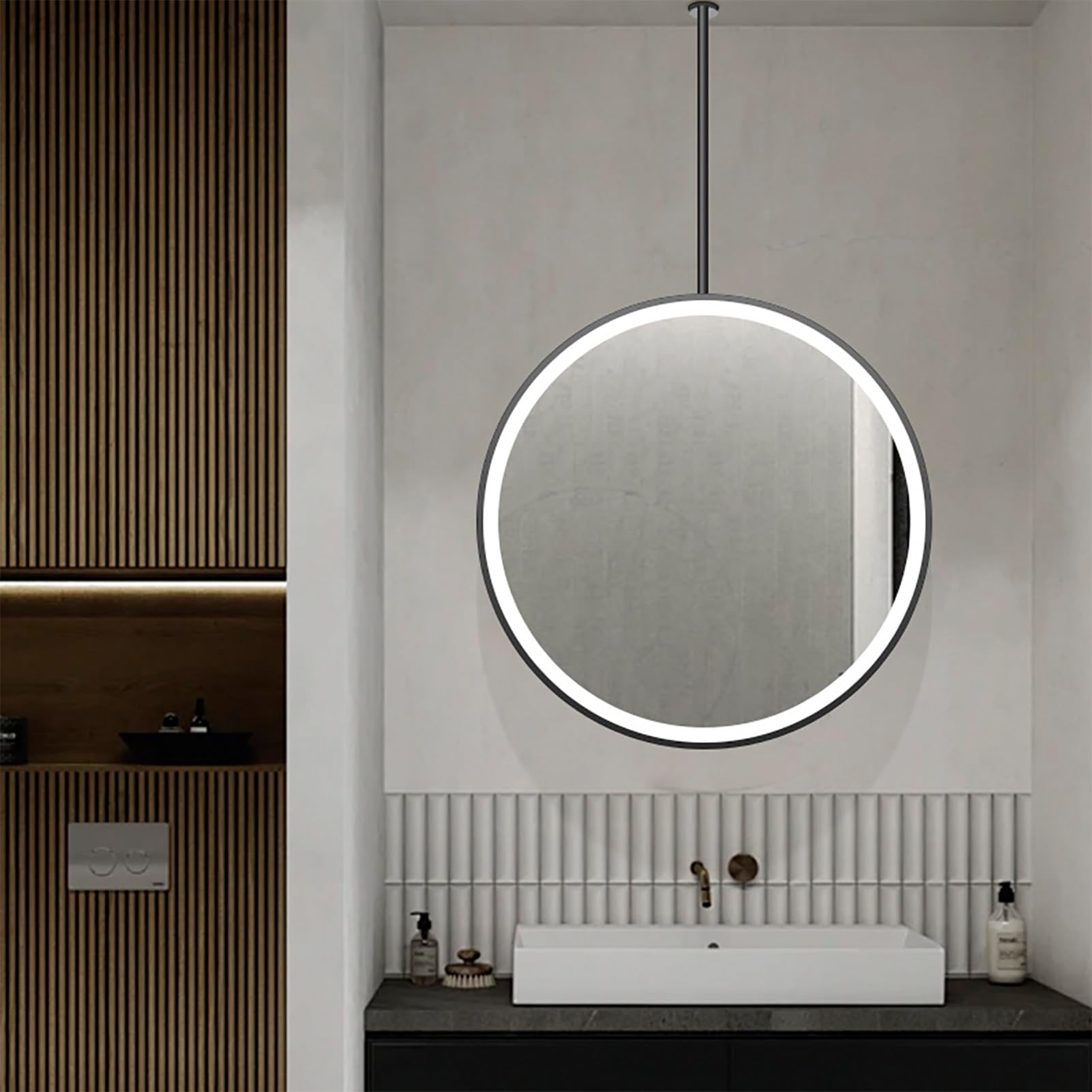 ラウンド吊り下げミラー ホテルバスルームミラー 寝室化粧台 メイクアップミラー 洗面台 天井取り付けミラー LEDタッチスクリーン スマート照明付きミラー(Diameter-70CM/27.6INCH)