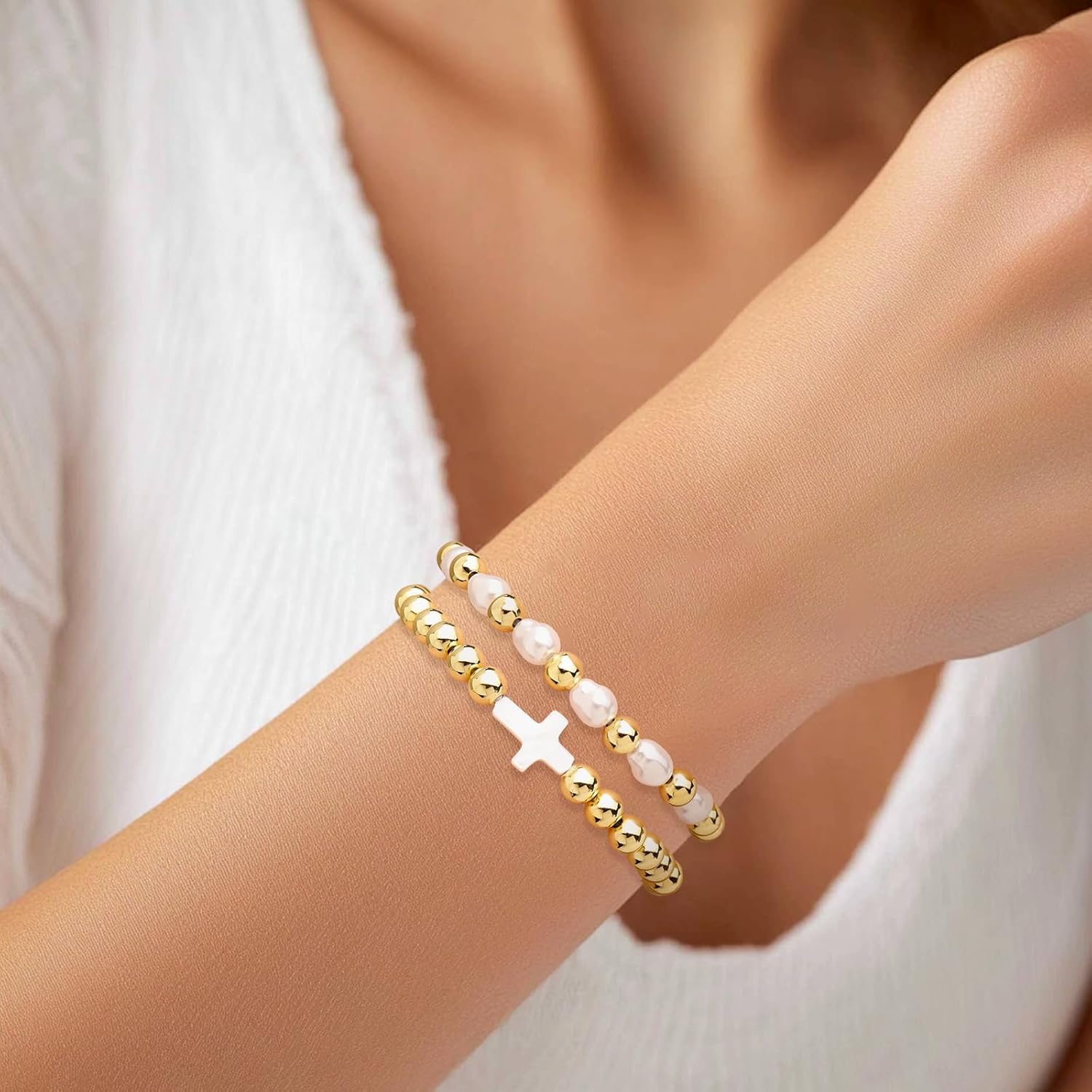 Cross Gold Beaded Stack Bracelets Set for Women, 2Pcs Dainty Handmade Pearl Beads Stackable Stretch Bracelet Everyday Fashion Jewelry Gift. - Image 2