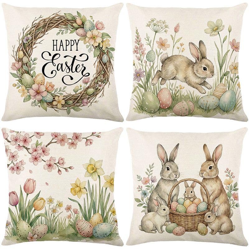 Hopomoon Copricuscini Pasquali Primaverili 45x45 cm Set di 4, Coniglietto Acquerello Primaverile e Ghirlanda Floreale Federe Decorative per Cuscini, Decorazioni Pasquali Rustiche in Lino Stile