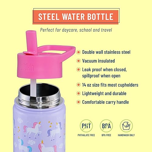 Miniatura 5 de Wildkin Paquete de maleta rodante con botella de agua reutilizable de acero de 14 onzas (unicornio)