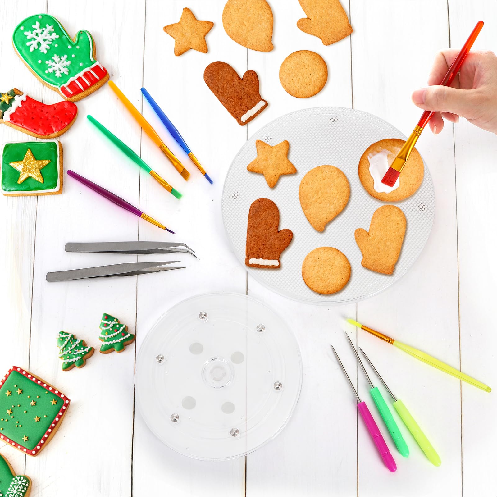Hacaroa Plätzchen-Dekorationsset, 15,2 cm / 20,3 cm, Acryl, mit 12 Keks-Nadeln, 12 Keksdekorationsbürsten, 4 Pinzetten für Kekse, Kuchendekoration