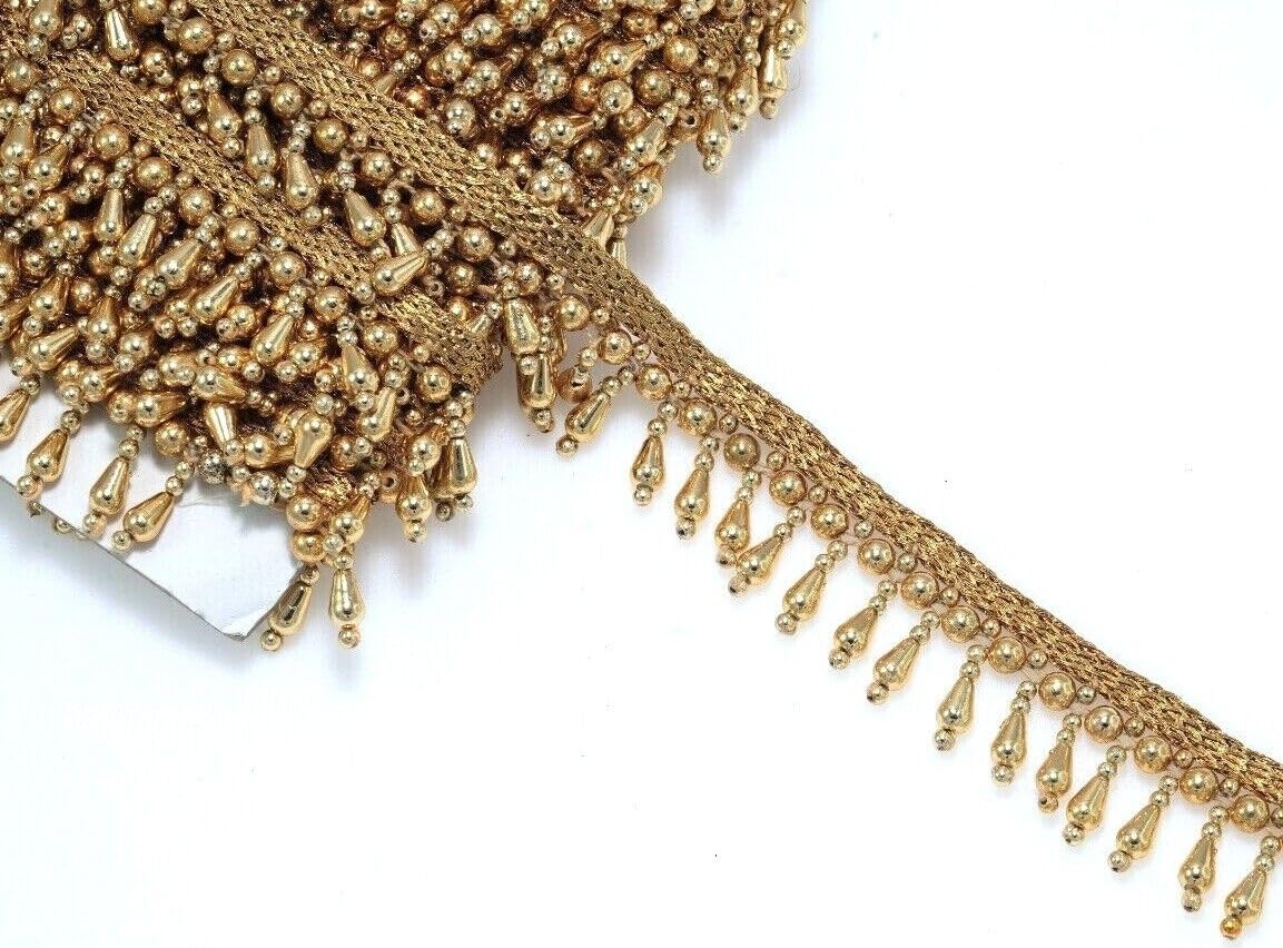 Feathers Creation Ltd Beaded Fringe 2 Yard 2.5 Cm Wide Drop Shape Plastic Sequence and Pearl Combination Vintage Style Trim Ribbon Sewing on Edging Crafts Wedding Decor Bridal Dress (Golded)