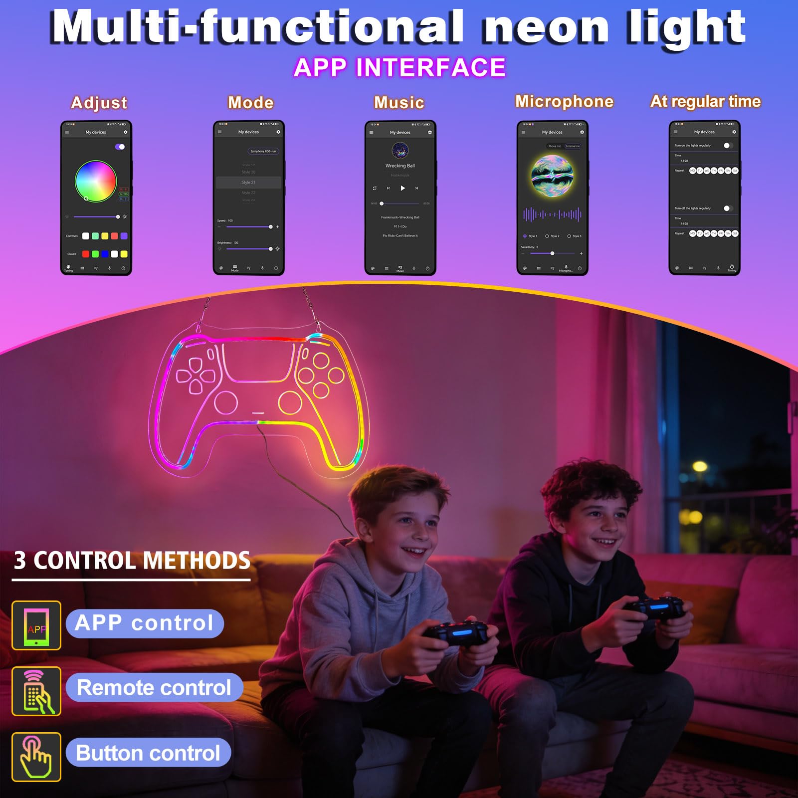 Decorazione per la stanza dei giocatori per ragazzi, luci al neon a LED per decorazione da parete, 40 x 30 cm, luci da gioco a LED con telecomando e controllo app, dimmerabile, decorazione da parete