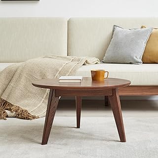 100% Solid Oak Wood Mini Coffee Table, Round Cofffe Tables Side Table w/Solid Wood Legs, Walnut Mid Century Table for Bedroom Balcony Living Room (29.53" D x 17.72" H)