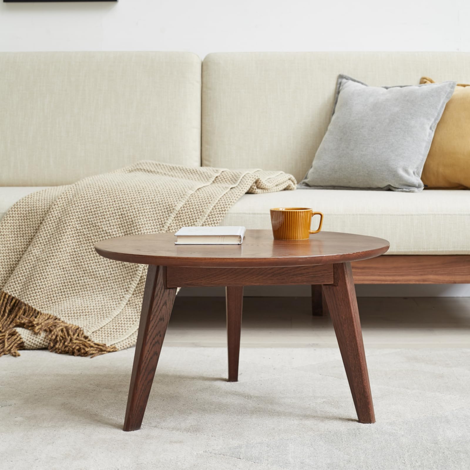 100% solid oak wood mini coffee table, round cofffe tables side table w/solid wood legs, walnut mid century table for bedroom balcony living room (29.53" d x 17.72" h)