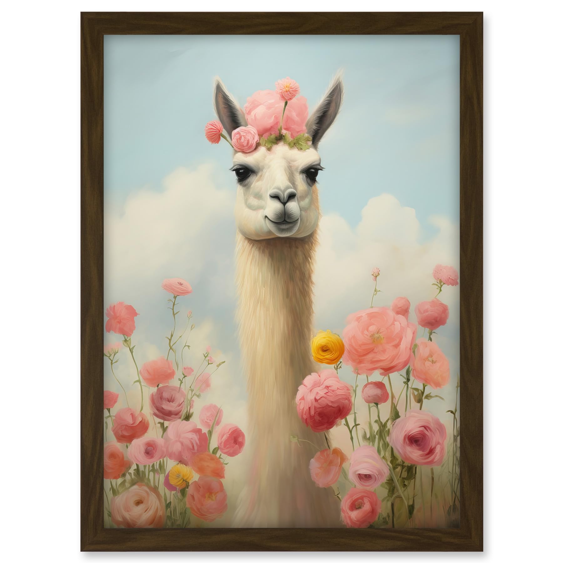 Artery8 Llama and Peonies Pink Elegant Artwork Kids Bedroom Floral Portrait with Roses Artwork Framed A3 Wall Art Print