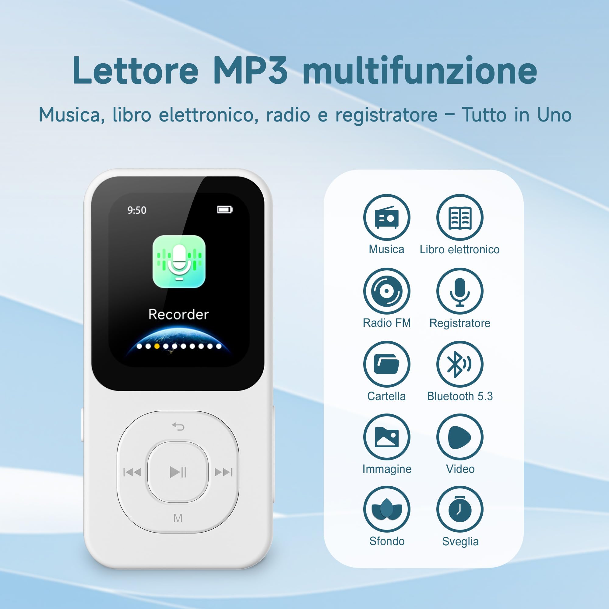 Lettore MP3 da 64GB con Bluetooth 5.3, Lettore musicale PECSU schermo HD con altoparlante, Radio FM, Registratore vocale, Suono HiFi, E-book, Cuffie incluse (Bianco)