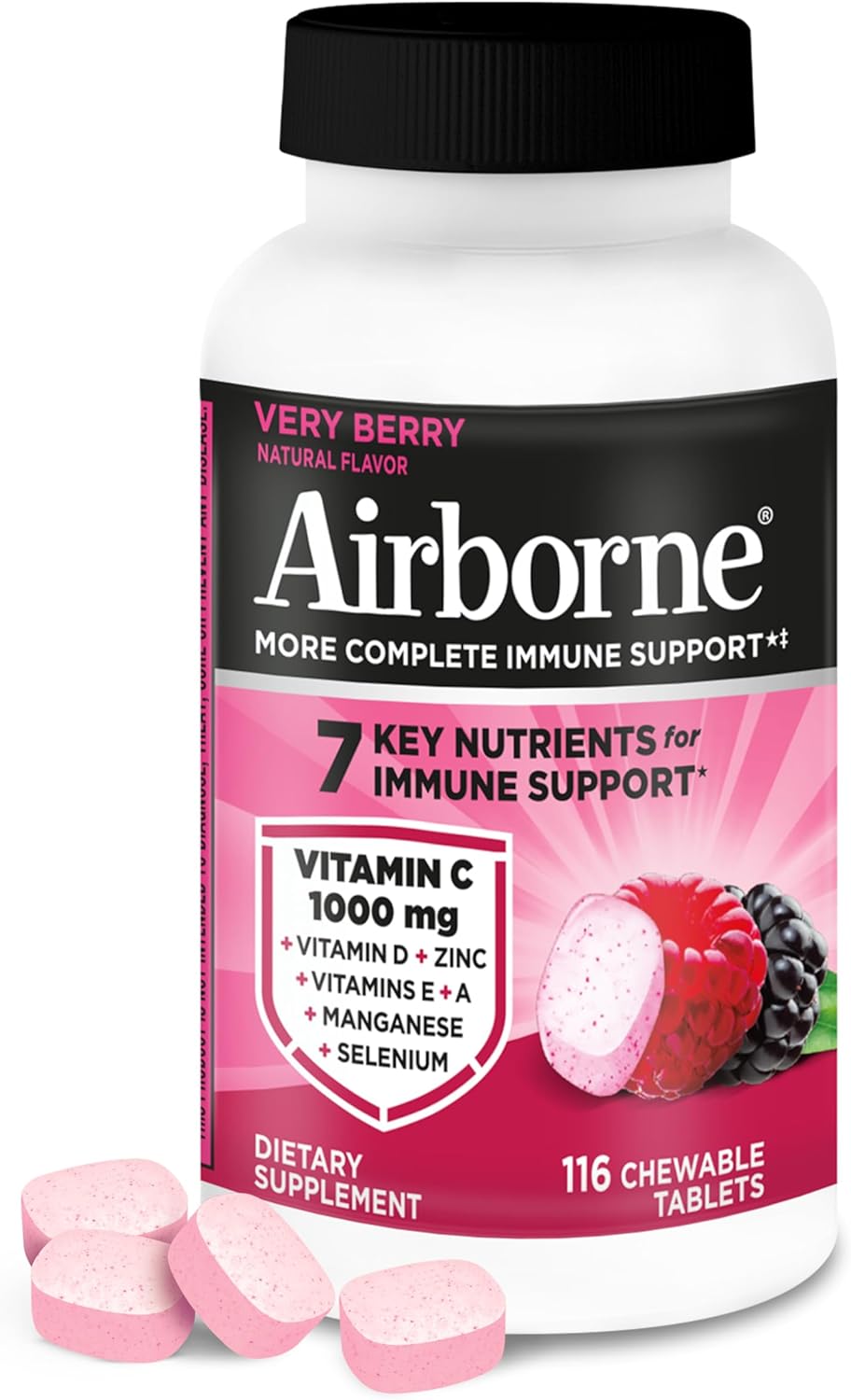Airborne Vitamin C 1000mg (per Serving) - Very Berry Chewable Tablets (116 Count in a Bottle), Gluten-Free Immune Support Supplement, with Vitamins A C E, Zinc, Selenium, Ginger, Antioxidants