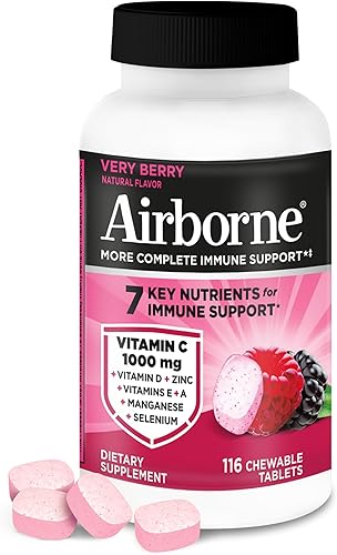 Airborne Vitamina C 1000 mg (por porción) - Tabletas masticables Very Berry (116 unidades en una botella), suplemento para fortalecer el sistema