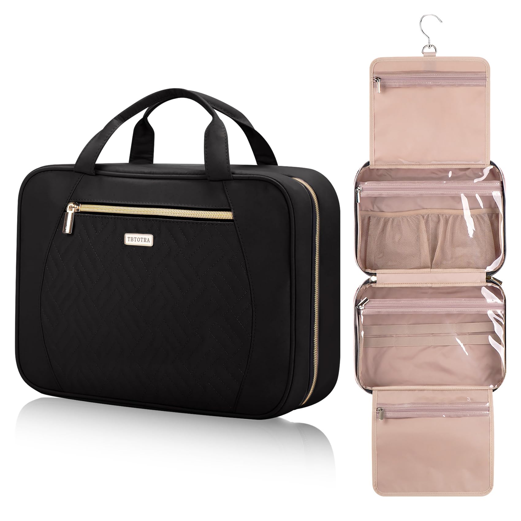 TBTOTRA Hanging Toiletry Bag for Women Travel, 2 Sizes Large & Small Waterproof Cosmetic Organizer with 4 Compartments, Rotating Hook, Foldable Pink