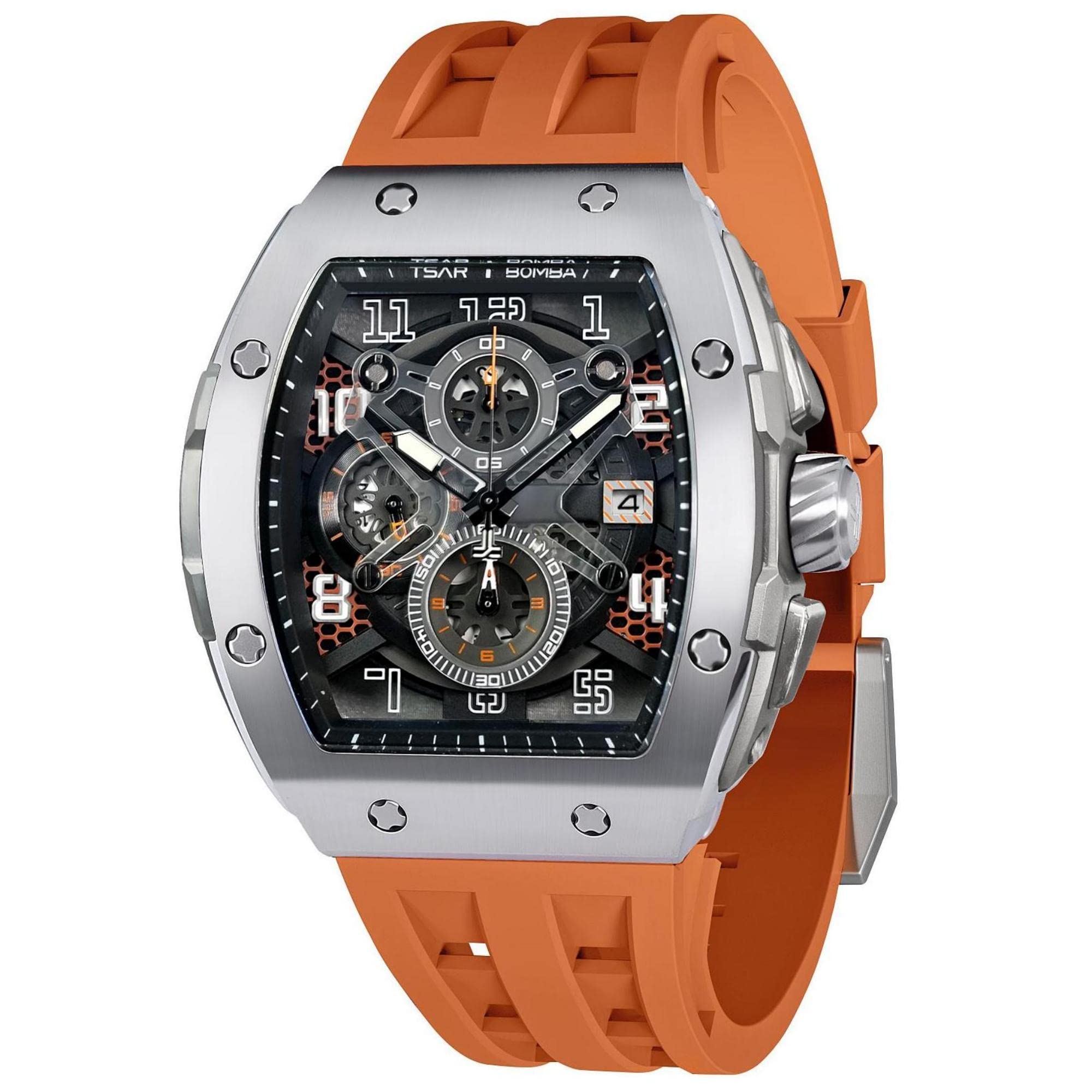 TSAR BOMBA Watches For Men - Chronograph Japanese Movement Sapphire Glass - 50M Waterproof Men's Watch - Square Tonneau Wrist Watches Silicone Band Luminous Calendar Luxury Gifts for Men