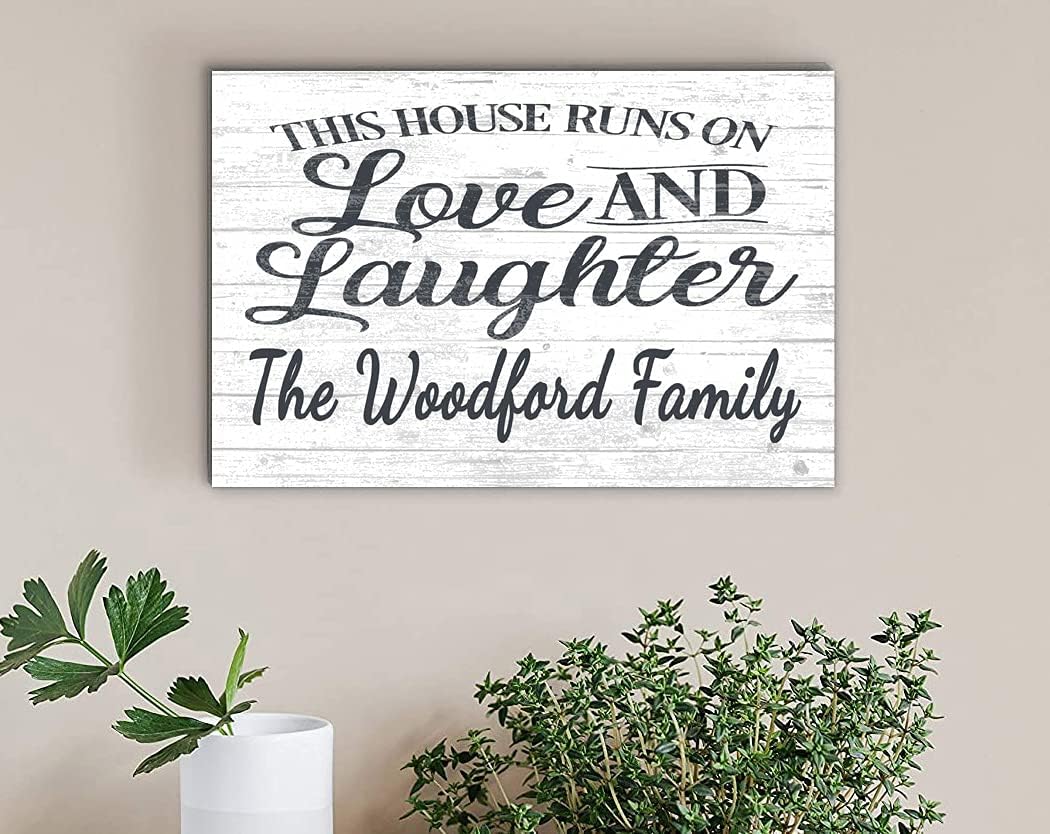 Personalized Family Sign Love and Laughter Custom -Solid Wood - Farmhouse Décor for Home, Anniversary, Wedding, Couples Gift Idea (White)