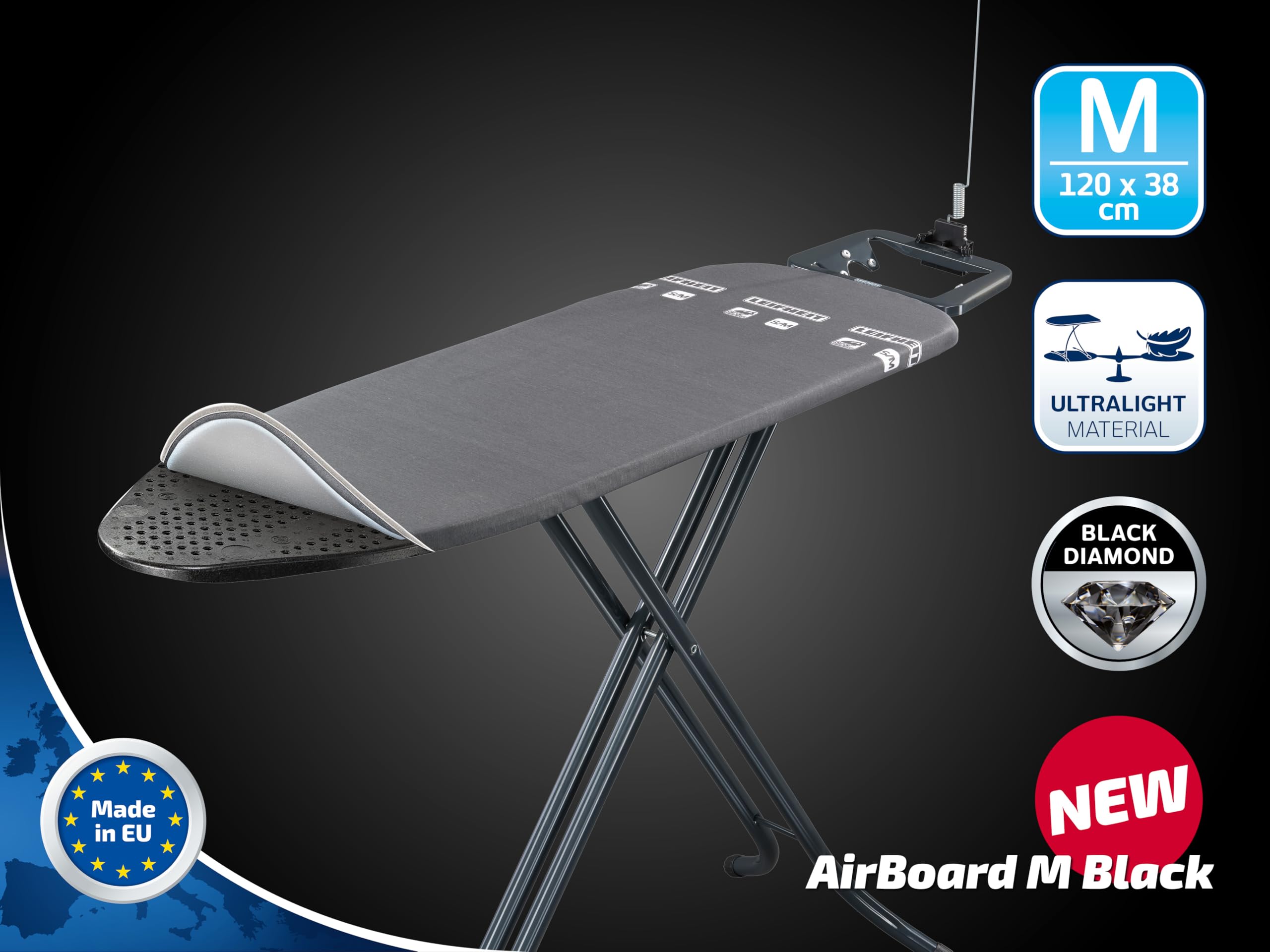 Leifheit Deska do Prasowania Air Board M Black, Thermo-Reflect 120 x 38 cm | Ultralekka powierzchnia z tworzywa, regulacja wysokości do 98 cm, podstawka na żelazko, do żelazek parowych