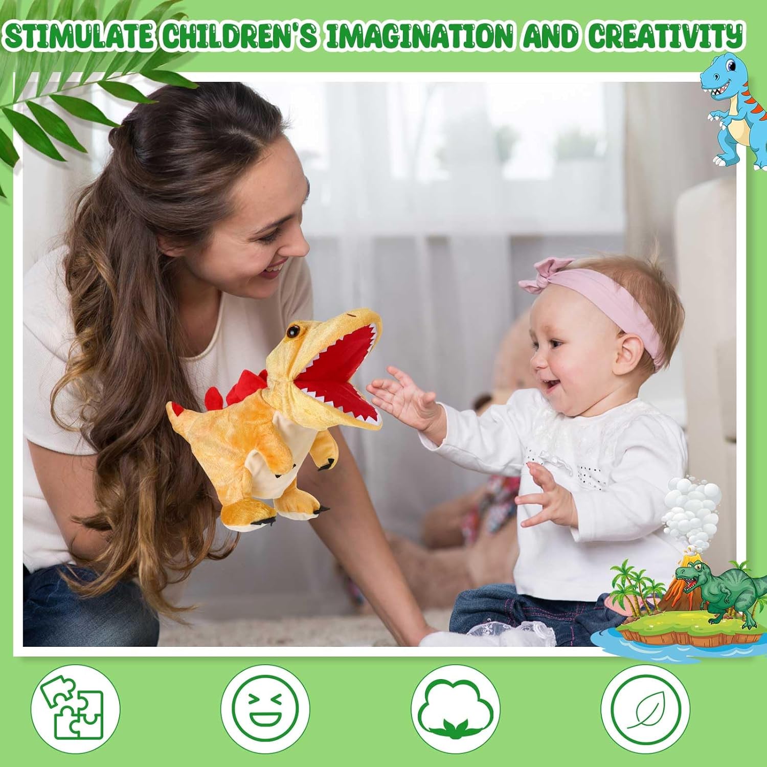 Wettarn 10 Pieces Dinosaur Hand Puppets 11.8 Inch Plush Stuffed Animals with Open Movable Mouth, Stuffed Animal Puppets Interactive Toy Storytelling Gifts for Birthday,Imaginative Play, Girls, Boys