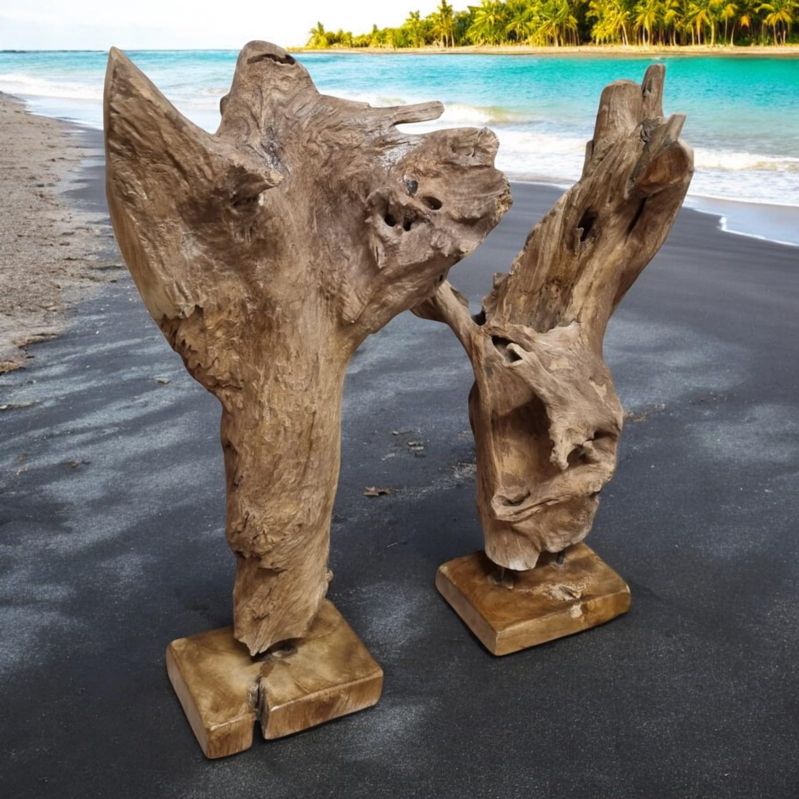 Kinaree Teak Wurzelholz Skulptur 70–90 cm – Handgefertigte Deko aus Massivholz auf Holzsockel, natürliche Wurzel-Skulptur aus Indonesien – Unikat für Wohnzimmer & Flur