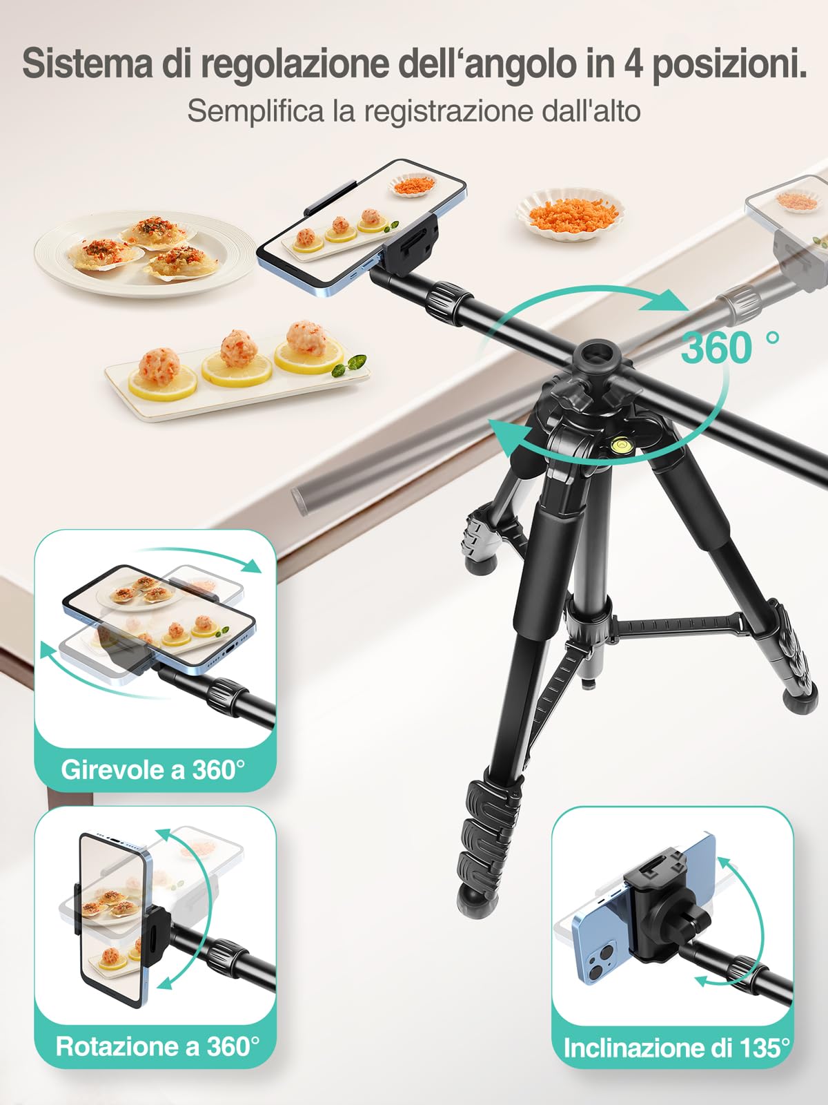 Elitehood Overhead Treppiede Smartphone [ Resistente e Ultra Stabile ], Treppiede per iPhone da 180 cm con Supporto per Telefono con Rotazione di 360° per Riprese Video e Borsa per Il Trasporto
