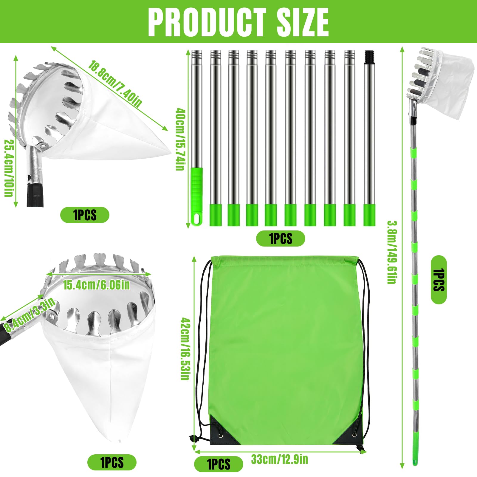 Cueille Fruit Telescopique, Cueille Fruit Avec Manche Télescopique 3.8m, Cueille-Fruits En Acier Inoxydable Avec Sac En Coton, Poteau Réglable Cueille Fruit Pour Pommes Poires Oranges Pêches