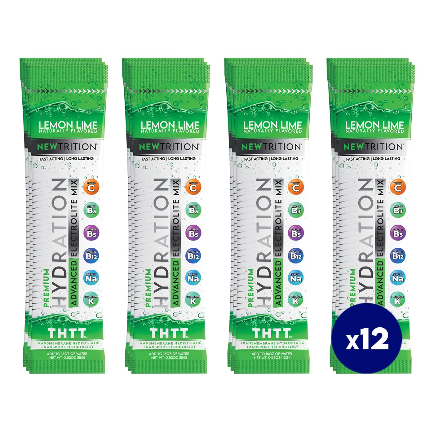 Hydration Powder, Lemon Lime Pack of 12 Electrolyte Powder Packets, Naturally Flavored Hydrating Packets for Water, Fast Acting Hydrate Electrolytes with Vitamins B&C, Energy & Recovery