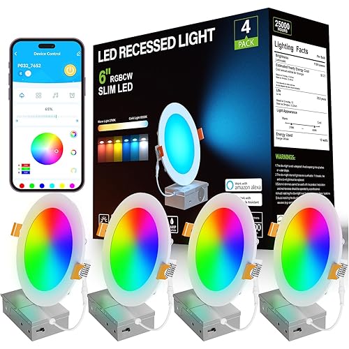DAYBETTER WiFi Smart Recessed Lighting 6 Inch Ultra-Thin, Dimmable Rgbcw Color Changing 1100 Lumen,App DIY 80+ CRI Dimmable Downlight, Alexa/Google Home Compatible-4pack