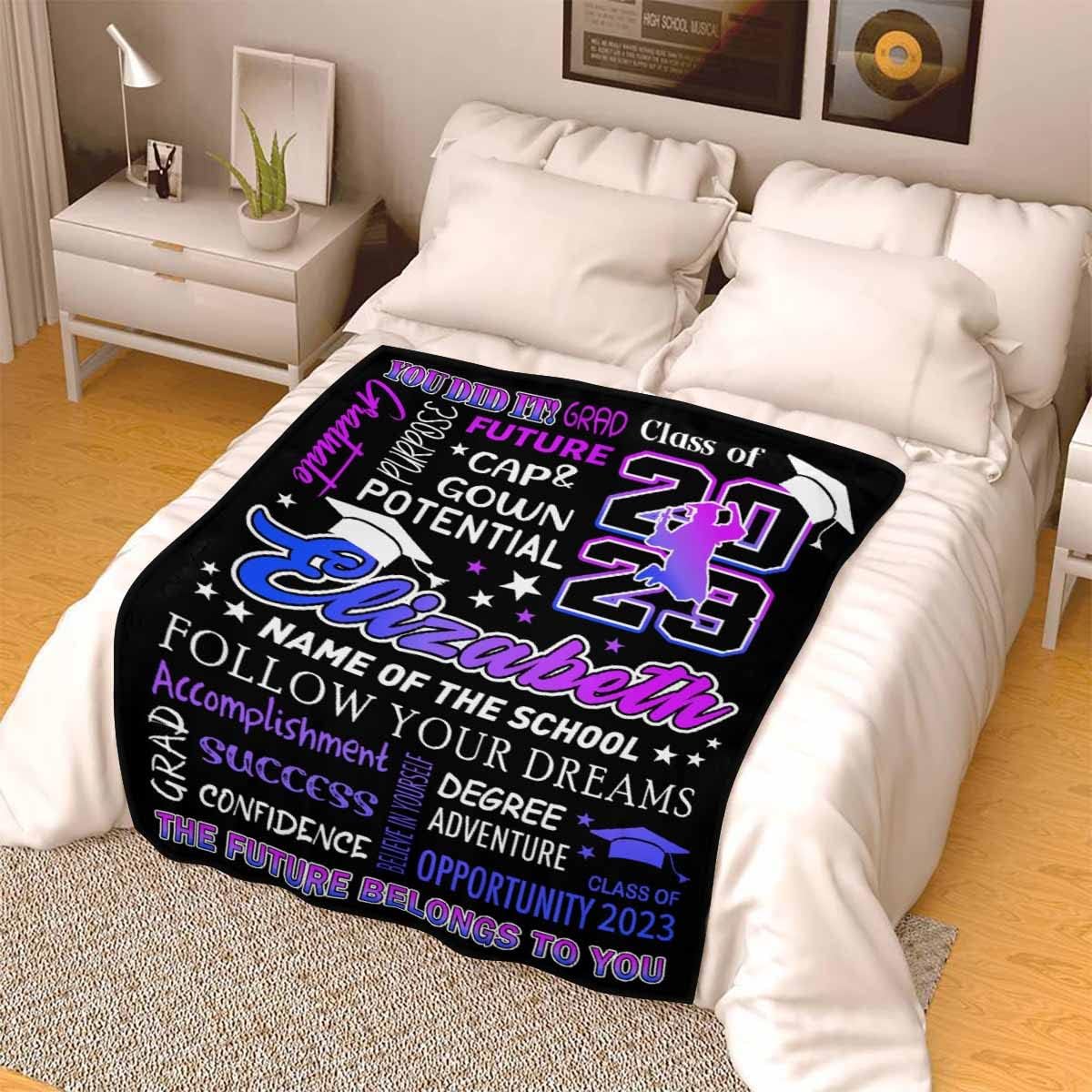 Customize Blanket Graduate Senior 2023 Class of 2023 Follow Your Dreams Purple Gradient Blanket Personalized Throw Super Soft Summer Blankets for Girl Boy Kids for Graduations Gifts 40x50
