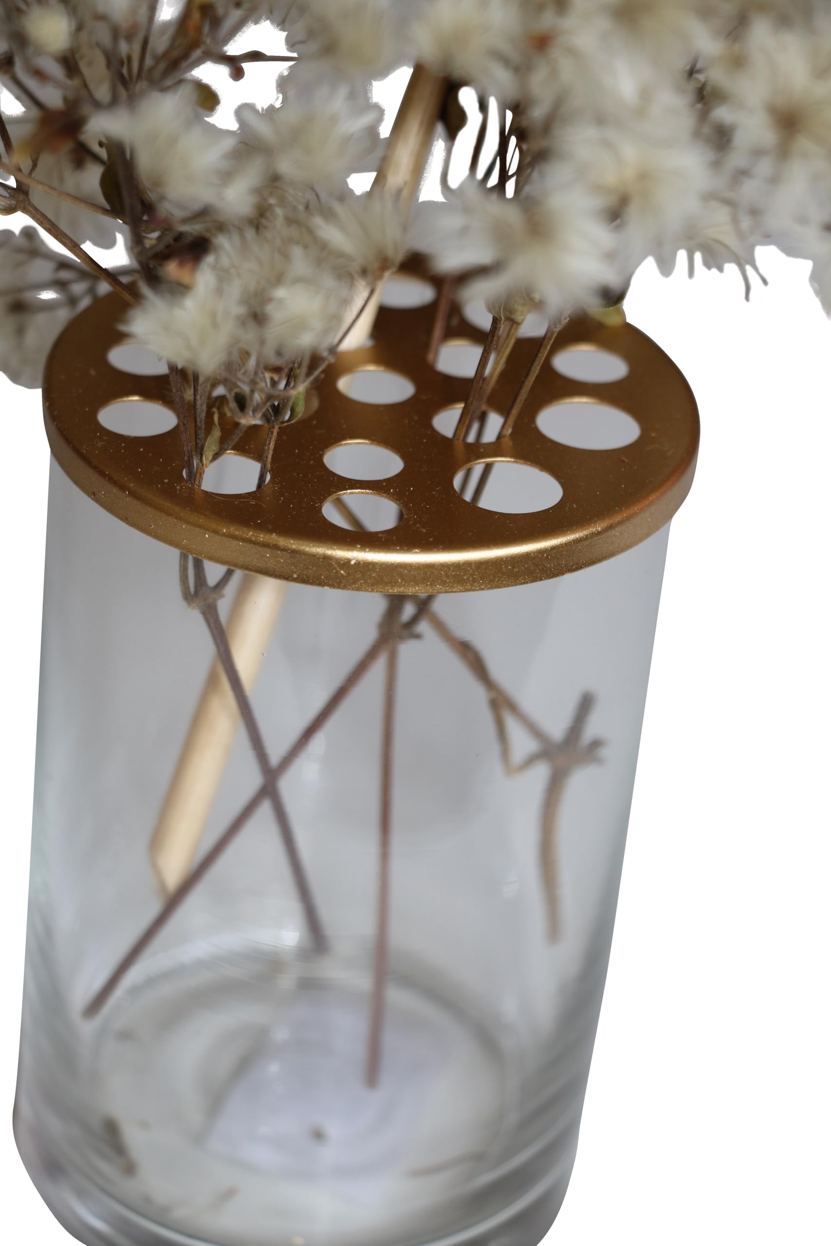 Vase mit Löchern im Deckel Trockenblumen Glasvase Lochdeckel Floristik Blumen Arrangement Gold Farben Deckel