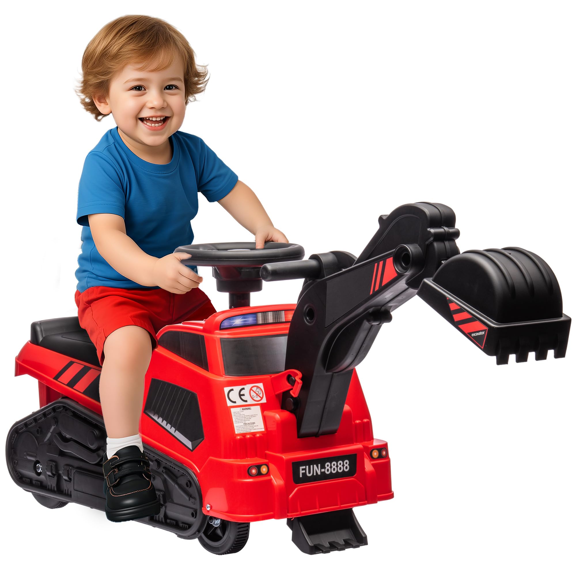 HOMCOM Ruspa Giocattolo con Volante e Benna di Scavo, 3 in 1 Macchina Cavalcabile per Bambini da 18 Mesi-2 Anni, 100x43x48.5 cm, Rosso