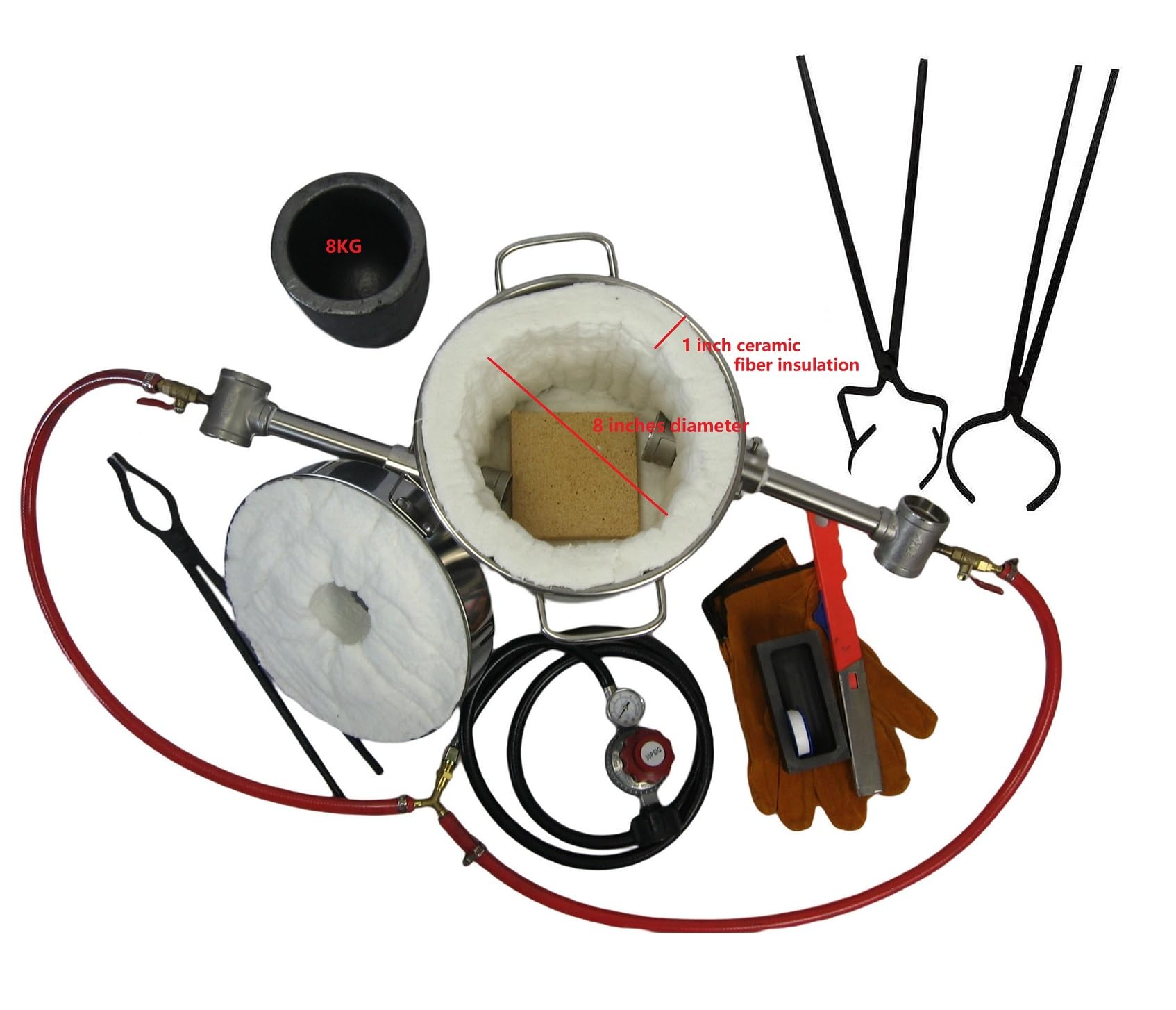 LSMIITTH 8KG(17.6LBs) Metal Melting Furnace Kit with Crucible Tongs, Dual Burner Smelting Furnace with Crucible for Melting Copper Aluminum Gold Silver