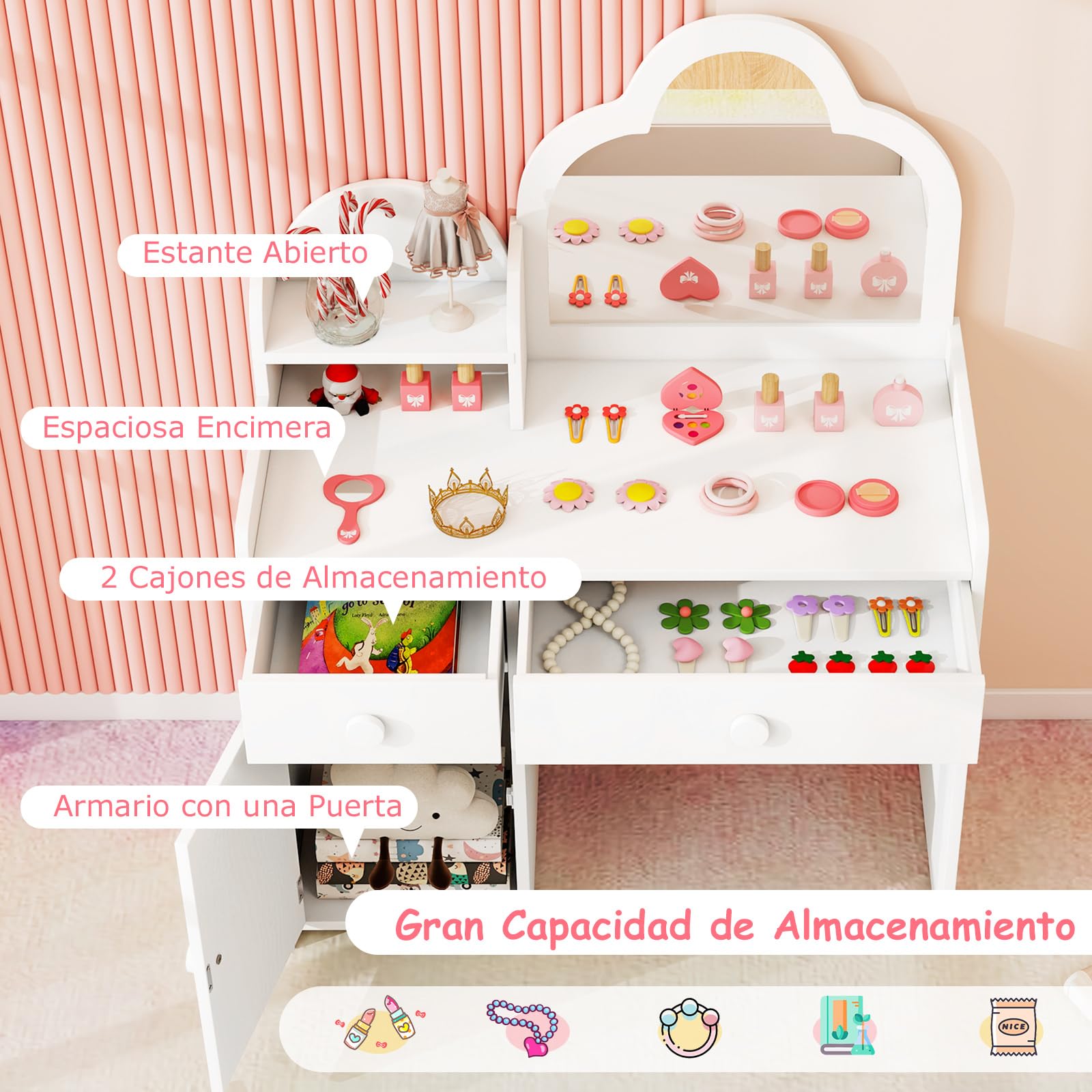COSTWAY Tocador Niña, Tocador de Maquillaje Niña con Espejo en Forma de Nube, Estante Abierto, Cajones y Armario Cerrado, Patas de Madera, Juego de Mesa y Silla de Princesa para Niñas de 3-7 Años