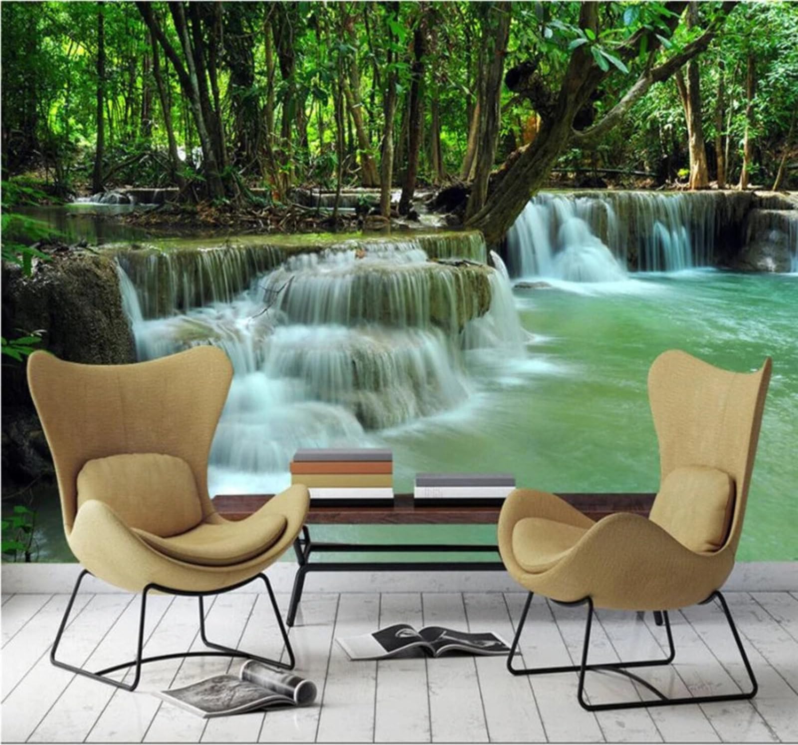 Xlming 200Cm×140Cm(B×H) Aesthetic Fresh Green Forest Waterfall 3D Wallpaper Luxury Home Dining Decor Paste Sofa Living Room The Wall For Bedroom Mural-200Cm×140Cm