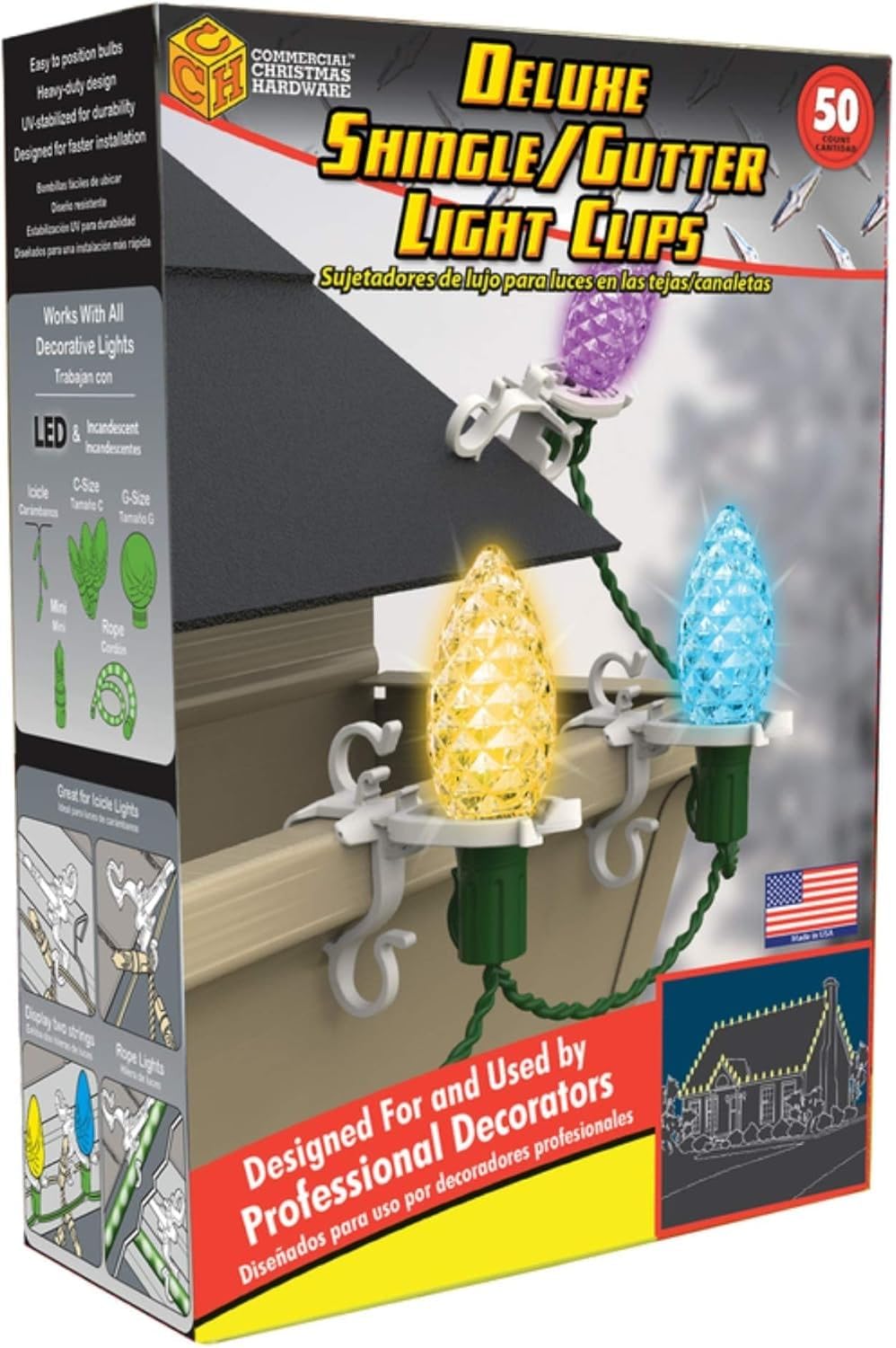 Adams Deluxe Light Clips - Gutter Hooks and Shingle Hooks for Christmas Lights and Icicle Lights - Heavy Duty - Pack of 50
