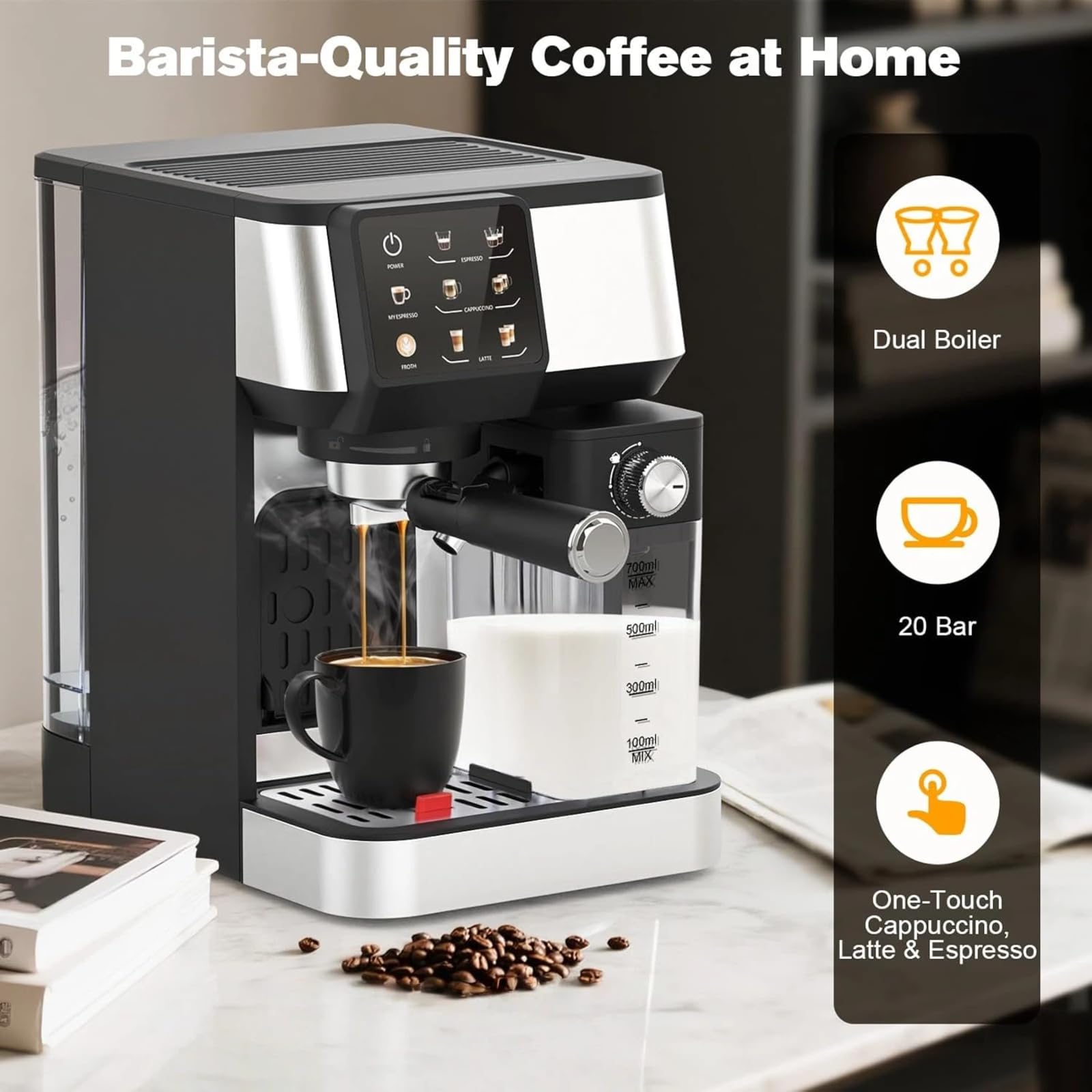 Macchina da caffè espresso, doppia caldaia, pompa da 20 bar, caffettiera One Touch, macchina per cappuccino, latte ed espresso, con montalatte, serbatoio dell'acqua da 2 litri, contenitore per latte