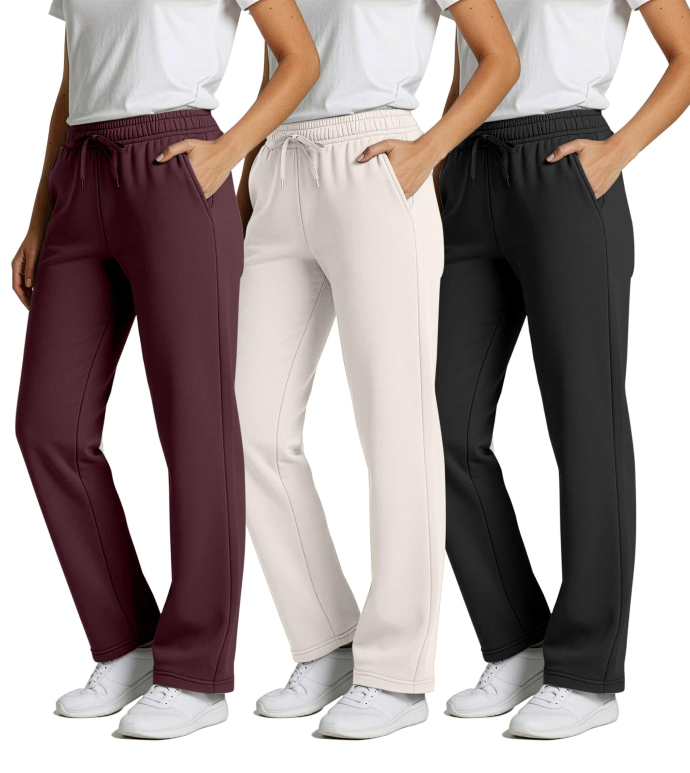Real Essentials 3 Pack: Women's Relaxed Fit Fleece Open Bottom Sweatpants - Casual Athleisure (Available in Plus)