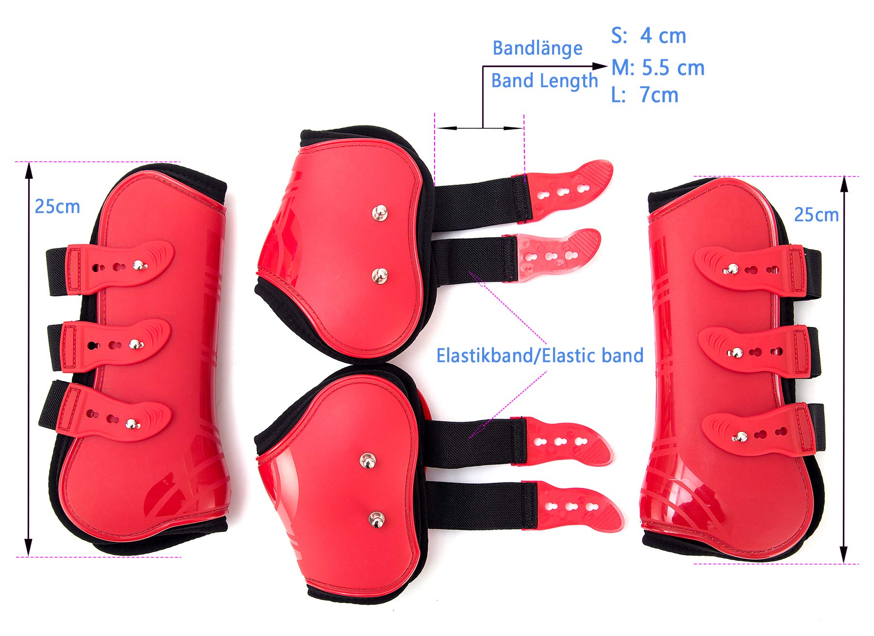 Juego de 4 Polainas para Caballos, Protectores para tendones, protección contra Saltos del Caballo, Resistentes, elásticas, de Poliuretano, con Cierre de botón, 2 Pares, M(VB), Color Rojo