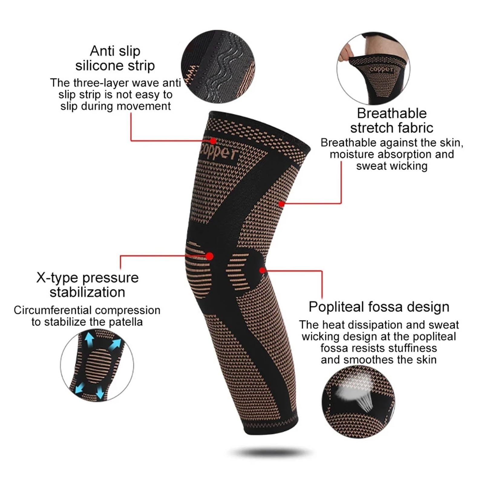 Manicotti Compressivi per le Gambe 1/2 pezzi maniche lunghe in rame a compressione lunga, ginocchiere, for lo sport Per lo sport