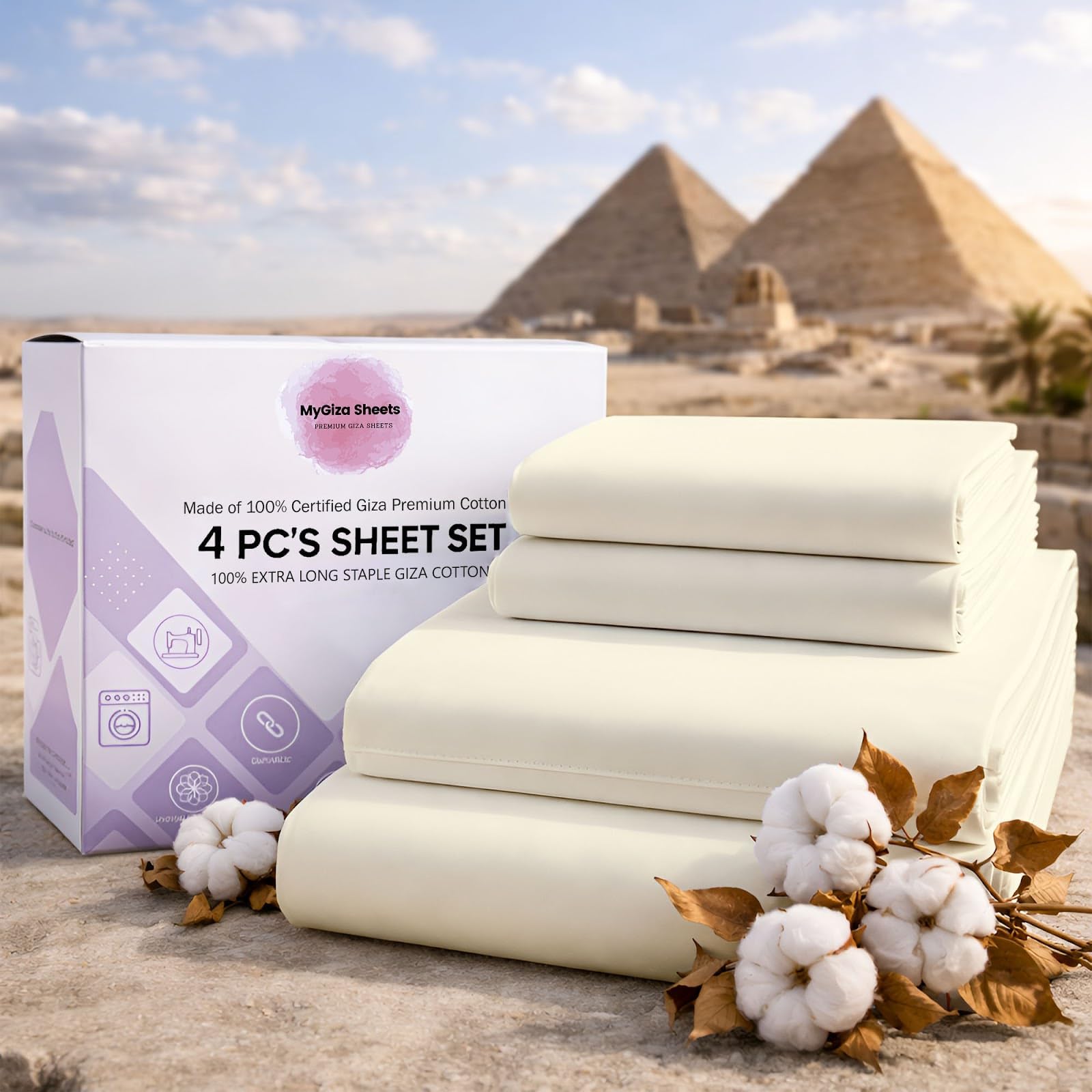 MyGiza Sheets 4 Pcs Twin Sheet Set, 100% Certified Giza Egyptian Cotton, Soft & Luxury Sheets fits 15 Inches Deep Mattress, Ivory