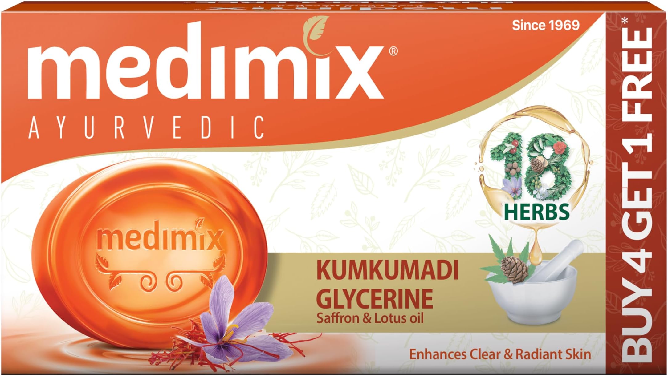 Medimix Ayurvedic Kumkumadi Bathing Soap Bar With Saffron|Kesar|For Moisturising & Radiant Glow|Herbal|Natural|Paraben-Free & Sulphate-Free|100% Vegan|125Gm(Buy 4 & Get 1 Extra Combo Pack)