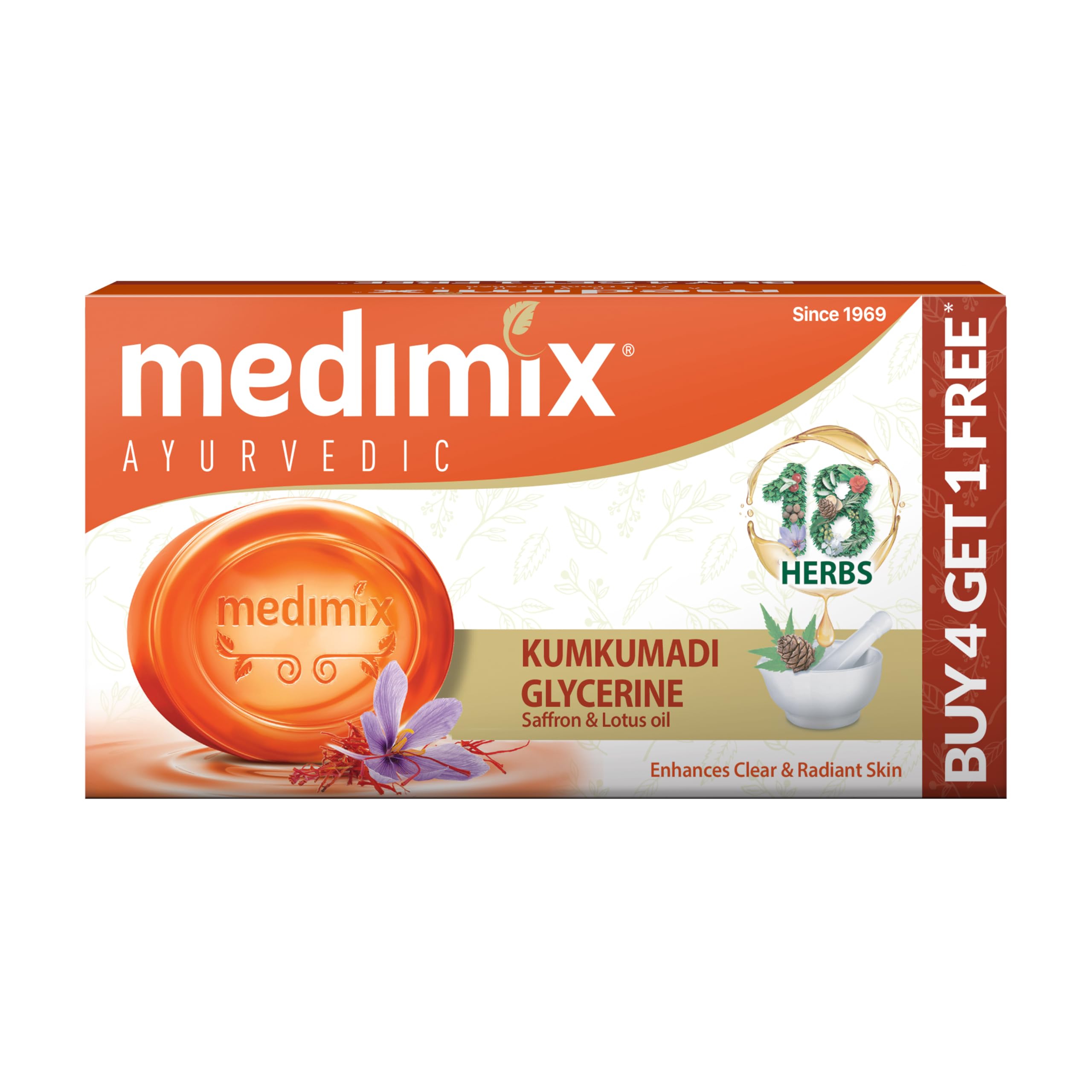 Medimix Ayurvedic Kumkumadi Bathing Soap Bar With Saffron|Kesar|For Moisturising & Radiant Glow|Herbal|Natural|Paraben-Free & Sulphate-Free|100% Vegan|125Gm(Buy 4 & Get 1 Extra Combo Pack)