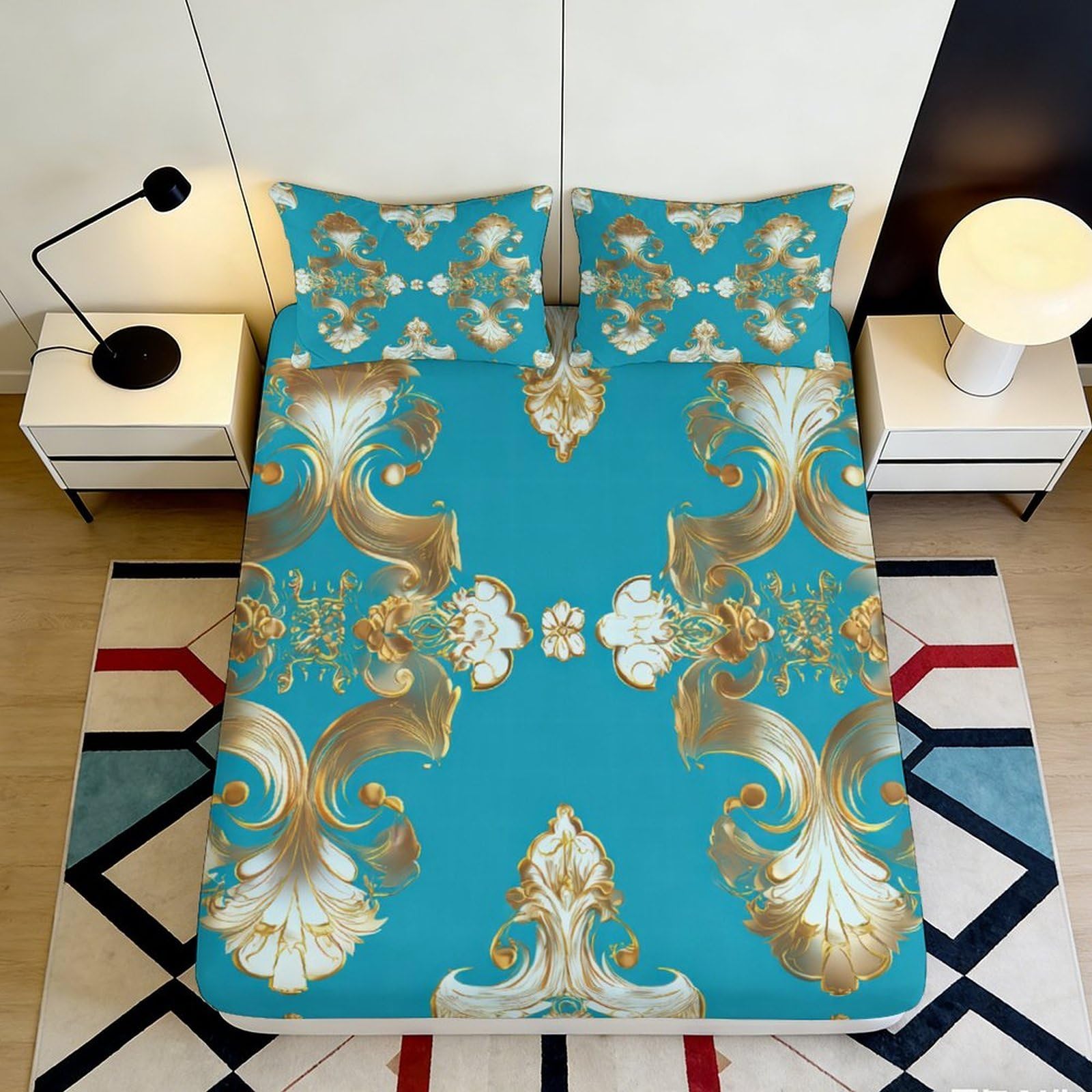 3D Printed Baroque Blue Fitted Sheet Microfiber Soft Ornate Gold Pattern Mattress Cover Bedroom Dorm Decor 90x200x25cm