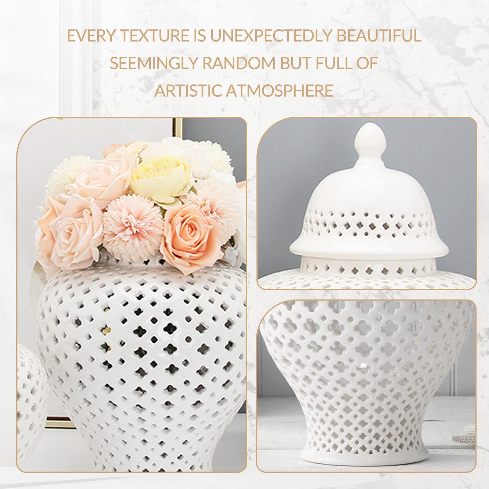 Luxury Ceramic Ginger Jar Display Lattice Hollow Vase Temple Jar Porcelain Storage Jars Ornaments for Desktop Office Gift Decoration, 27.5cm/10.83inch Height