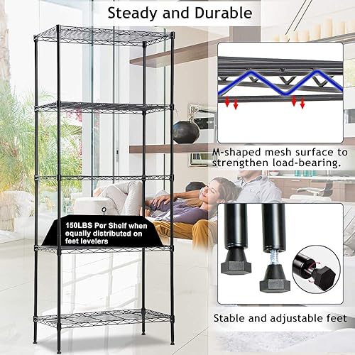 Miniatura 7 de Estante de alambre de 5 niveles, estante de metal resistente, estante de 24 pulgadas de largo x 14 pulgadas de ancho x 60 pulgadas de alto,