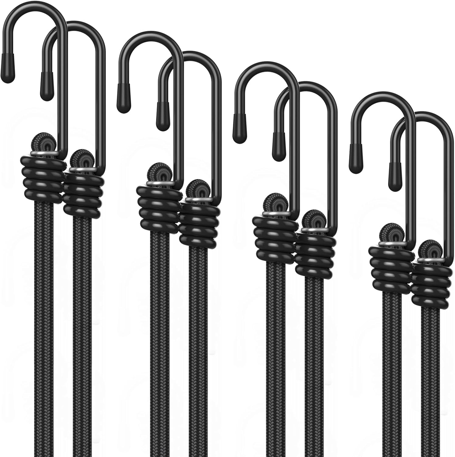 8-Pack Bungee Cords with Steel Hooks, 12" 18" 24" 36" Multi-Size Set, Heavy Duty Tie Down Straps for Cargo, Motorcycle, and Trash Can, High Elasticity, Black