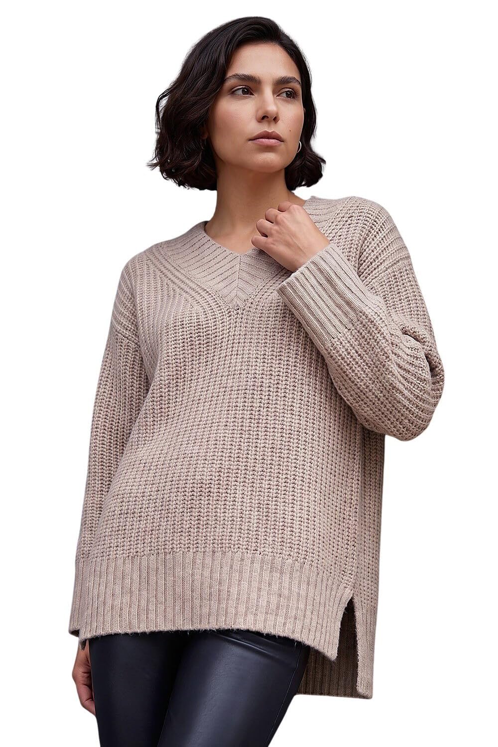 Roman Women's Beige Chunky V-Neck Knit Jumper In Size 16